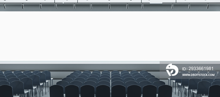 Panoramic grey auditorium with seating and empty screen with mock up place for your advertisement. Show premiere and entertainment concept. 3D Rendering.