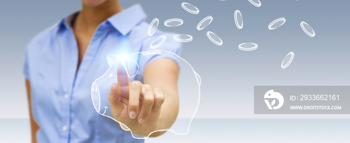 Businesswoman touching piggy bank with flying coins sketch