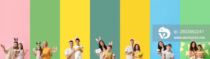 Set of happy children and parents celebrating Easter on colorful background