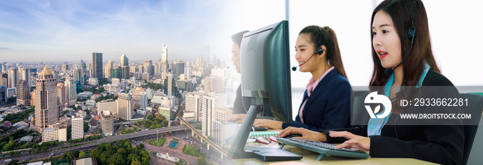 Business people wearing headset working in office in widen view to support remote customer or colleague. Call center, telemarketing, customer support agent provide service on telephone video call.