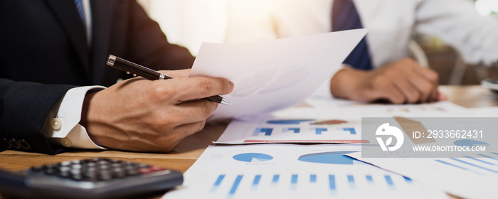 legal and businessman advisor, two business people talking, planning analyze investment and marketing on financial paper in office.