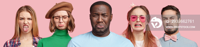 Collage of diverse displeased people have disgusting expressions, frown and scowl faces, feels aversion from something, isolated over pink background. Five young women and men with unhappy looks