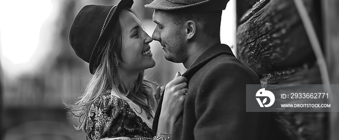 vintage couple in love village black and white french retro style man and woman