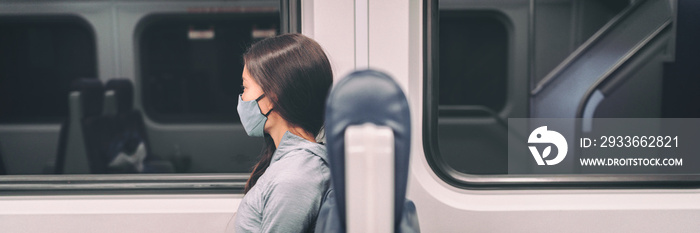 Train commute mandatory face mask wearing for coronavirus pandemic. Panoramic banner of people lifestyle commuting after work at night banner. Travel woman passenger wearing cover.