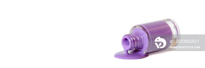 Bottle of purple nail polish isolated on white background, banner