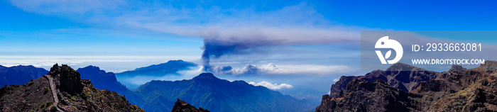 Panoramic view of volcanic ash cloud in La Palma