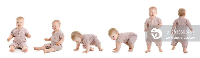 Cute baby learning to walk and taking first steps on white background