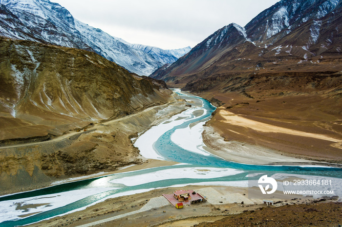 Confluence of the Indus and Zanskar Rivers which are almost frozen due to extreme cold during winter and famous for chadar trek at leh,Ladakh,India