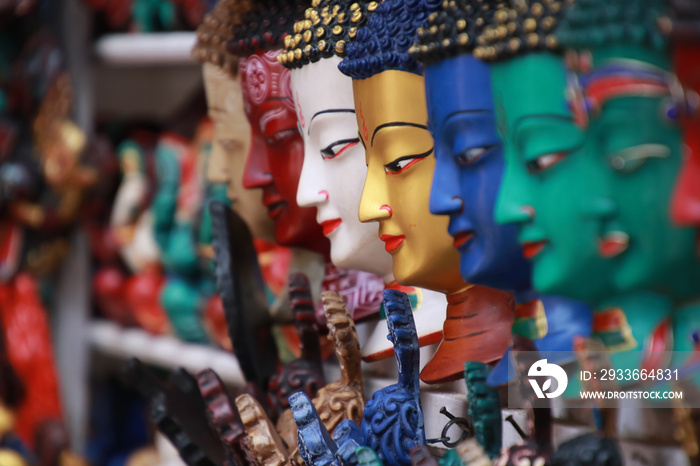 Thamel Kathmandu city, Nepal.Colorful Tradition wooden masks and handicrafts on sale at shop in the Thamel District of Kathmandu, Nepal