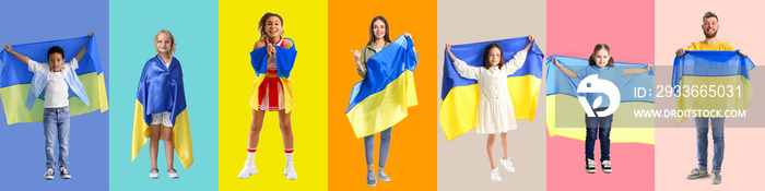 Emotional cheerleader with the flag of Ukraine on white background