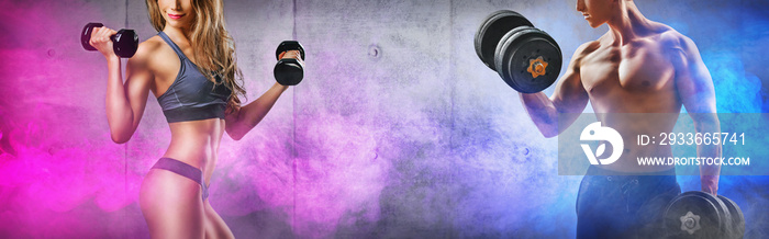 smiling woman an man with dumbbell - successful fitness studio concept