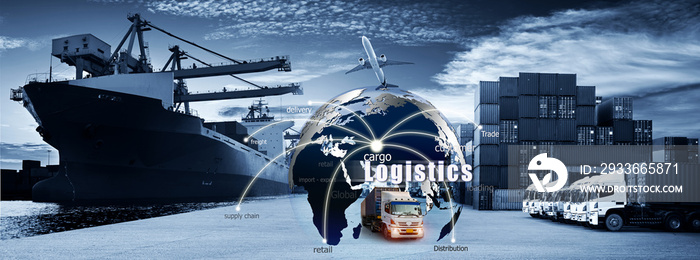 World map with logistic network distribution on background. Logistic and transport concept in front Logistics Industrial Container Cargo freight ship for Concept of fast or instant shipping Online