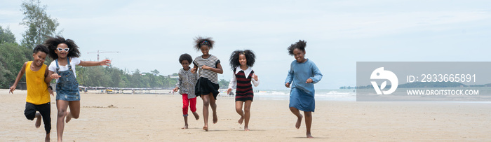 family holiday summer, kids happiness vacation on the beach, group of black family happy summer.