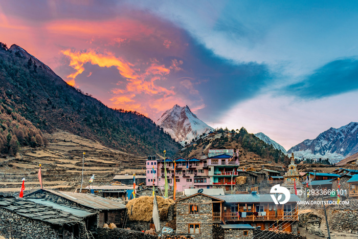 Beautiful dramatic sunset over Mount Manaslu in Himalaya mountains, Nepal. Manaslu circuit trek in December.