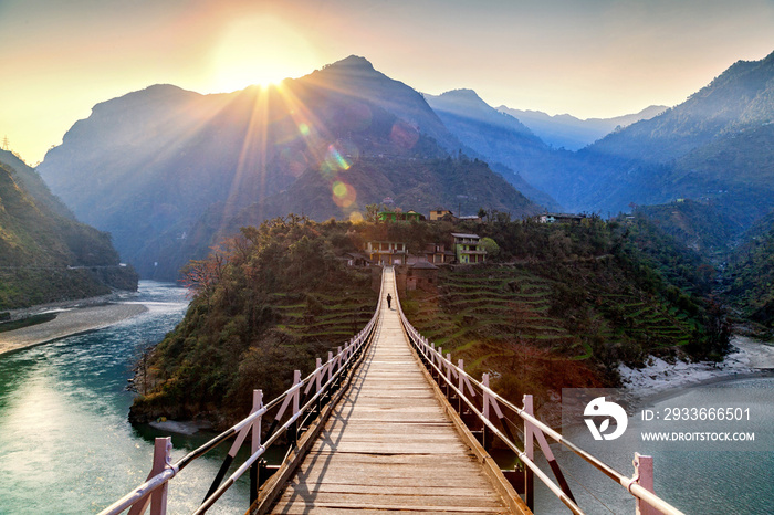 Beautiful island and Hanging Bridge On the way to Manali, Himachal Pradesh, Northern India.