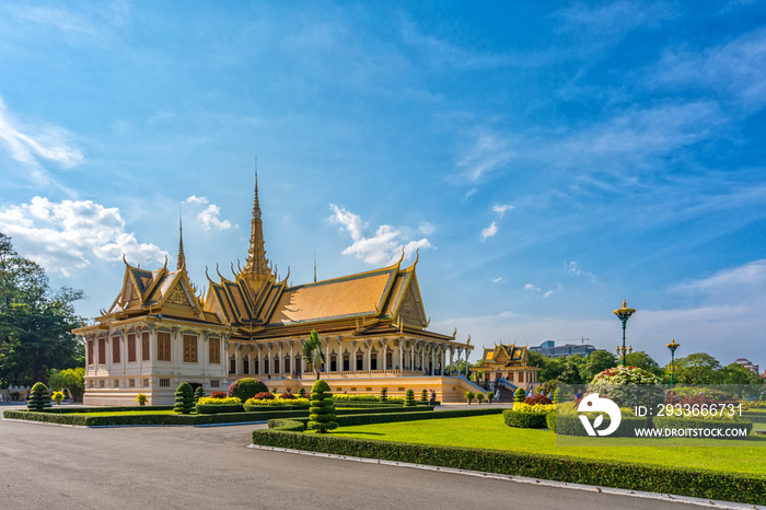 Beautiful scene of Royal Palace wide view with blue sky background at central Phnom Penh, Capital of Cambodia.