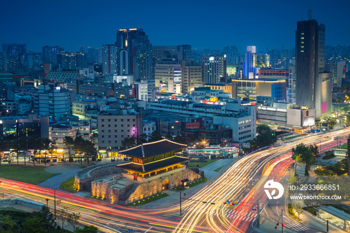 Seoul. Image of Seoul downtown with Dongdaemun Gate during twilight blue hour.