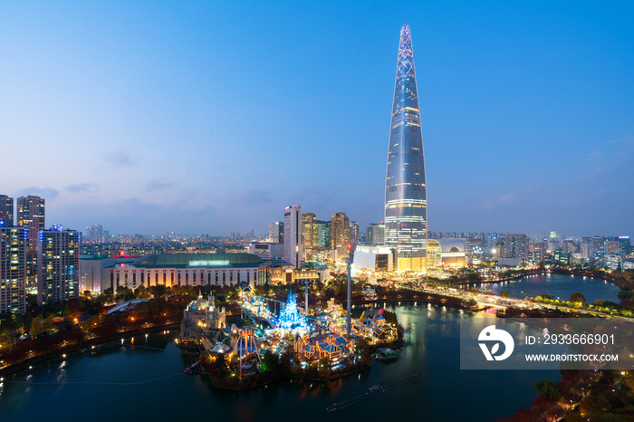 South Korea skyline of Seoul, The best view of South Korea with Lotte world mall at Jamsil in Seoul.