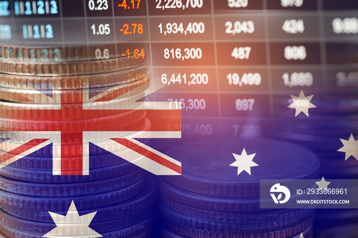 Stock market investment trading financial, coin and Australia flag or Forex for analyze profit finance business trend data background.