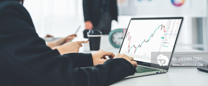 Businesswoman in analyze stock market data using laptop computer proficiently at the office while attending a group meeting with business team .