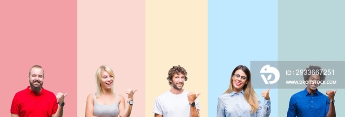 Collage of group of young people over colorful vintage isolated background smiling with happy face looking and pointing to the side with thumb up.