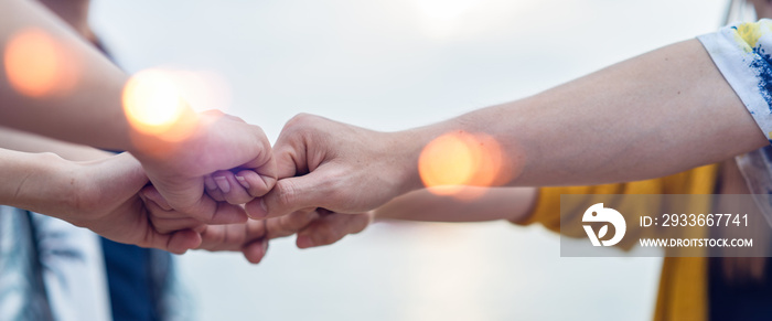 Panoramic Teamwork,empathy,partnership and Social connection in business join hand together concept.Hand of diverse people connecting.Power of volunteer charity work, Stack of people hand.