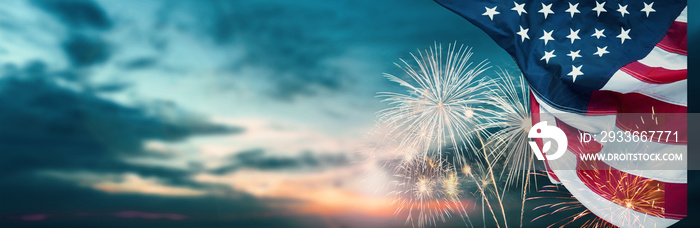 Celebration colorful firework on America flag pattern on sky background, red blue white strip concept for USA 4th july independence day, symbol of patriot freedom and democracy in memorial day festive