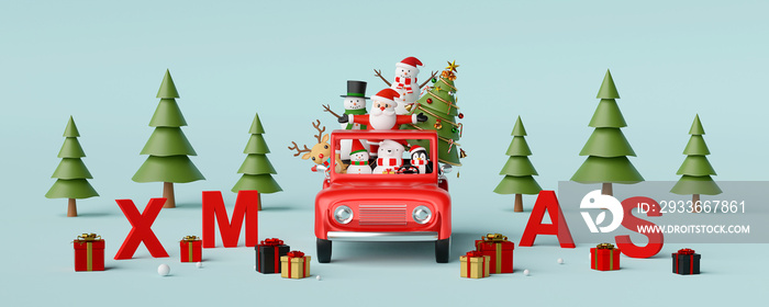 Merry Christmas and Happy New Year, Santa Claus and friend in a red car with Christmas decoration, 3d rendering