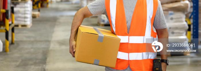 Warehouse worker holding carry goods cardboard boxes preparing for delivery shipping