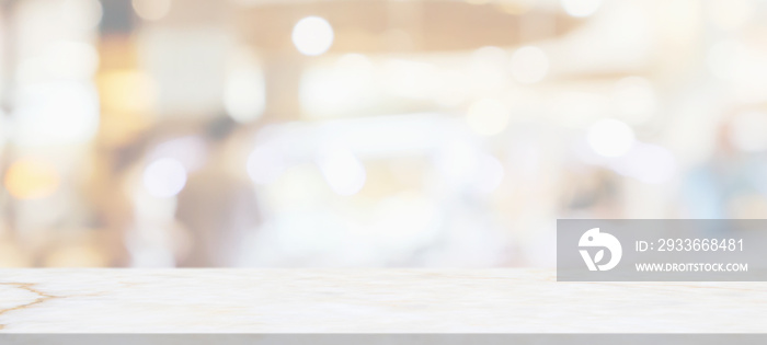 marble table top with blurred abstract cafe restaurant interior background