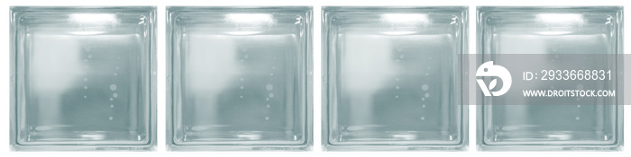 Isolated clear blue see through transparent four square bathroom glass blocks cube with minimal white simple bubble smooth pattern. Use for object and materials. Arrange in horizontal panel.