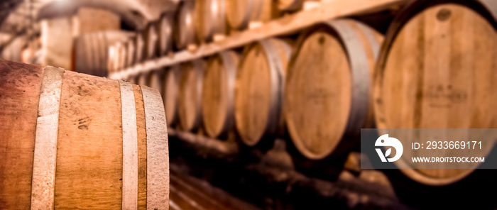 Wine in wooden barrels is stored. Wine cellar