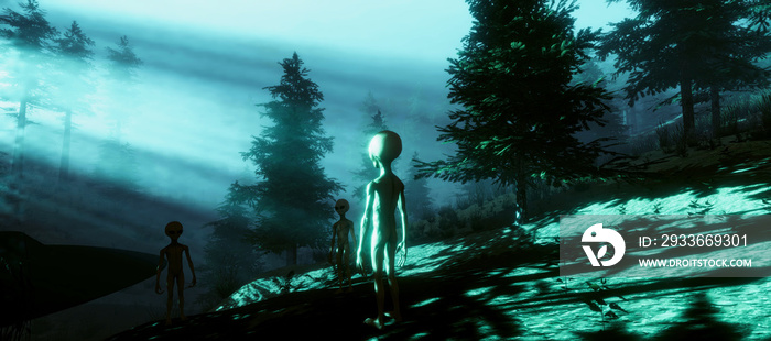 Extremely detailed and realistic high resolution 3d illustration of a Grey Alien standing in a forest