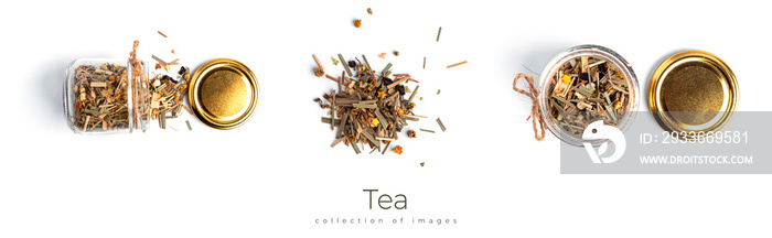 Transparent jar with herbal tea on white background.