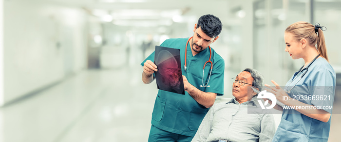 Surgeon showing xray film to senior patient looking at brain injuries with nurse standing beside the surgeon at the hospital room. Medical healthcare and surgical doctor service concept.