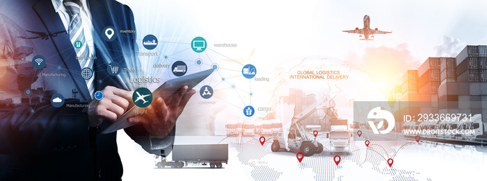 World map with logistic network distribution on background. Logistic and transport concept in front Container Cargo freight ship for Concept of fast or instant shipping, Online goods orders worldwide