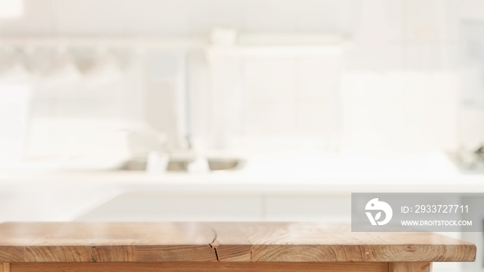 Wood top table in kitchen room background and copy spce for productor food montage