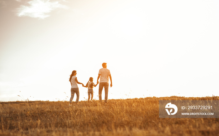 Family on walk in field holding hands