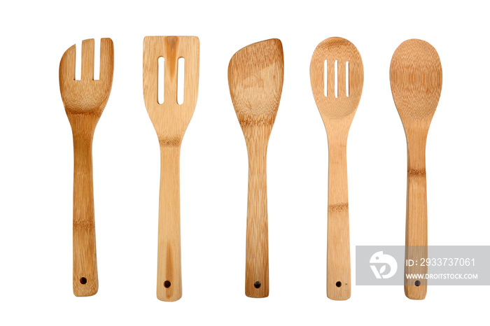 wooden kitchen utensils isolated on white background