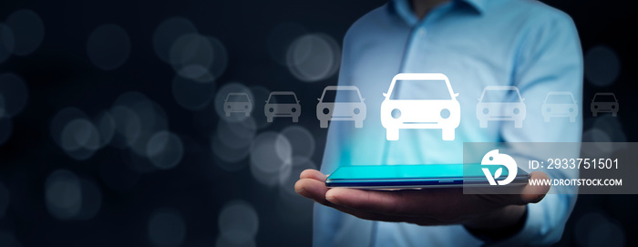 man hand car model with tablet in screen