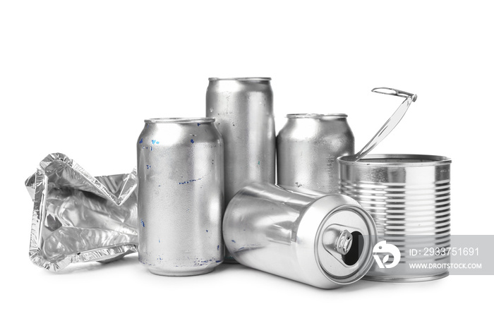 Different metal garbage on white background. Recycling concept