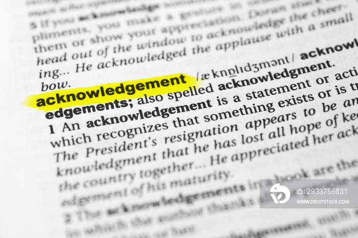 Highlighted English word  acknowledgement  and its definition in the dictionary