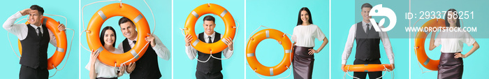 Young businessman with lifebuoy on color background