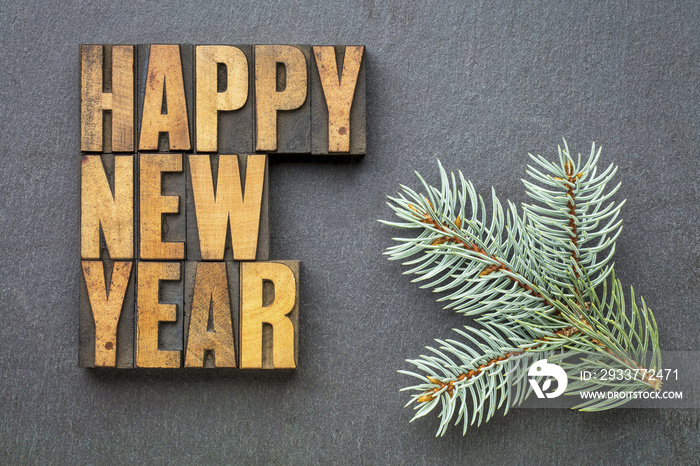 Happy New Year in wood type