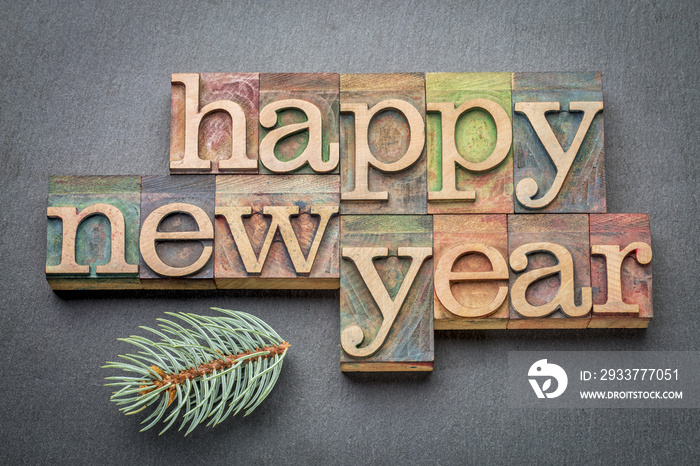 Happy New Year in wood type