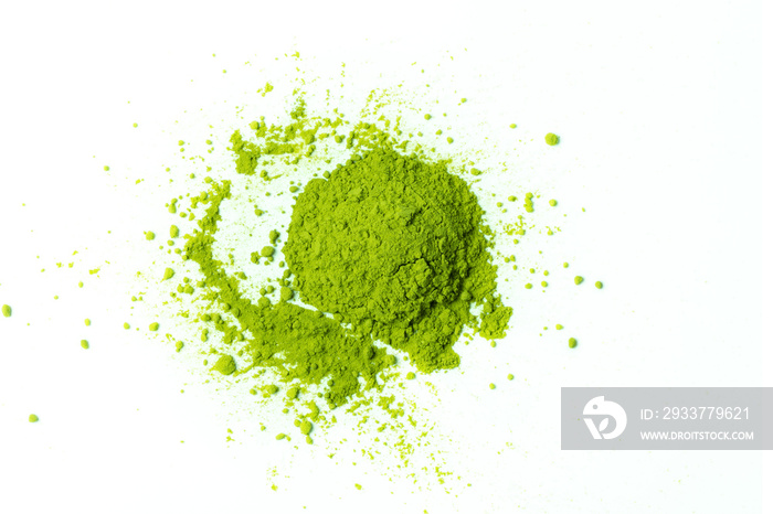 Powdered matcha green tea scattered on white background top view copy space