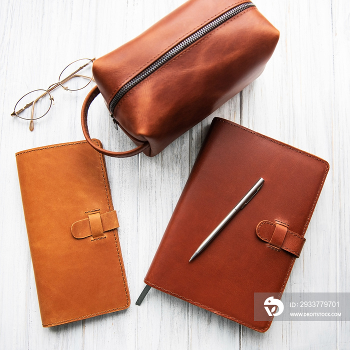 Brown leather accessories