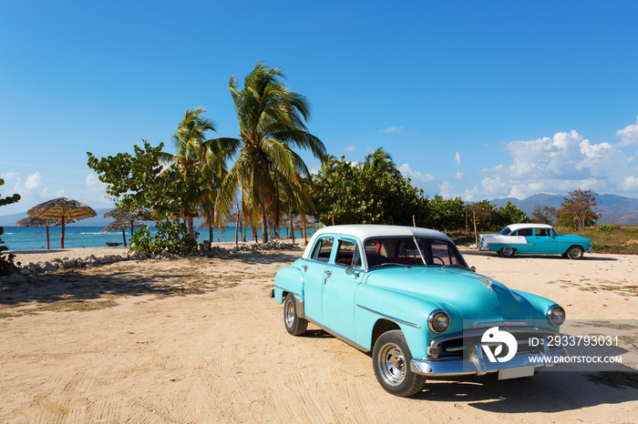 Old classic car on the beach of Cuba