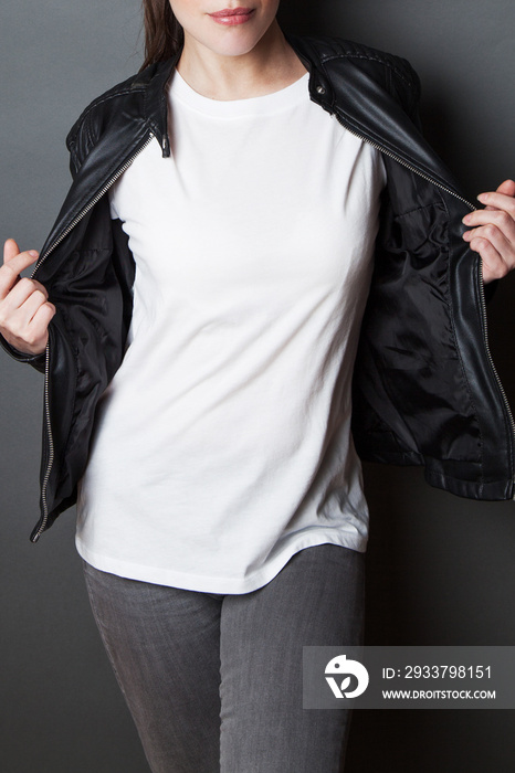 young woman in white t-shirt and black leather jacket  studio shot,  t shirt mock up