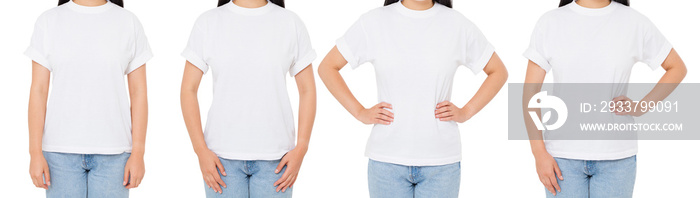 brunette in t shirt isolated on white, woman in t-shirt set or collage, three girl tshirt front view